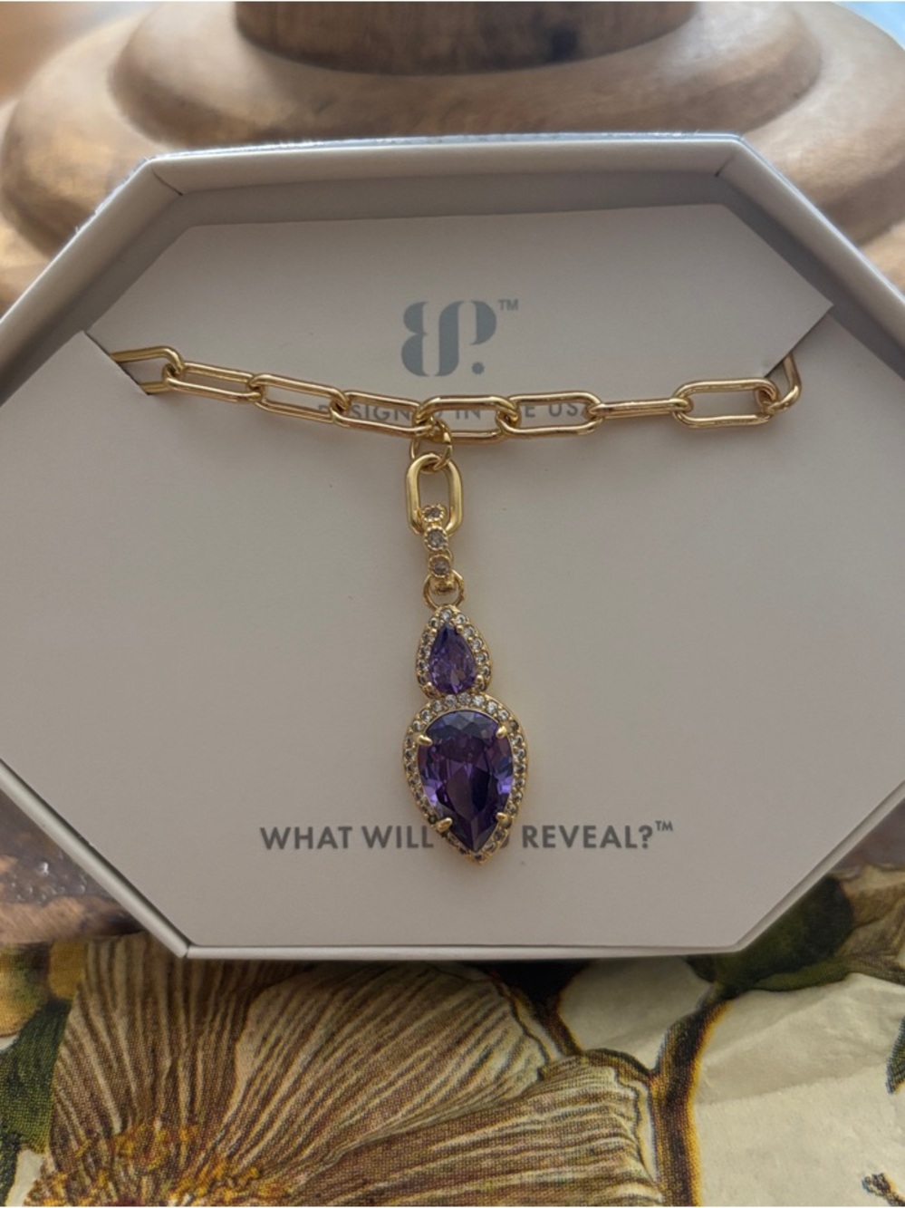 BP Gold-Tone Necklace with Purple Teardrop Gem Pendant